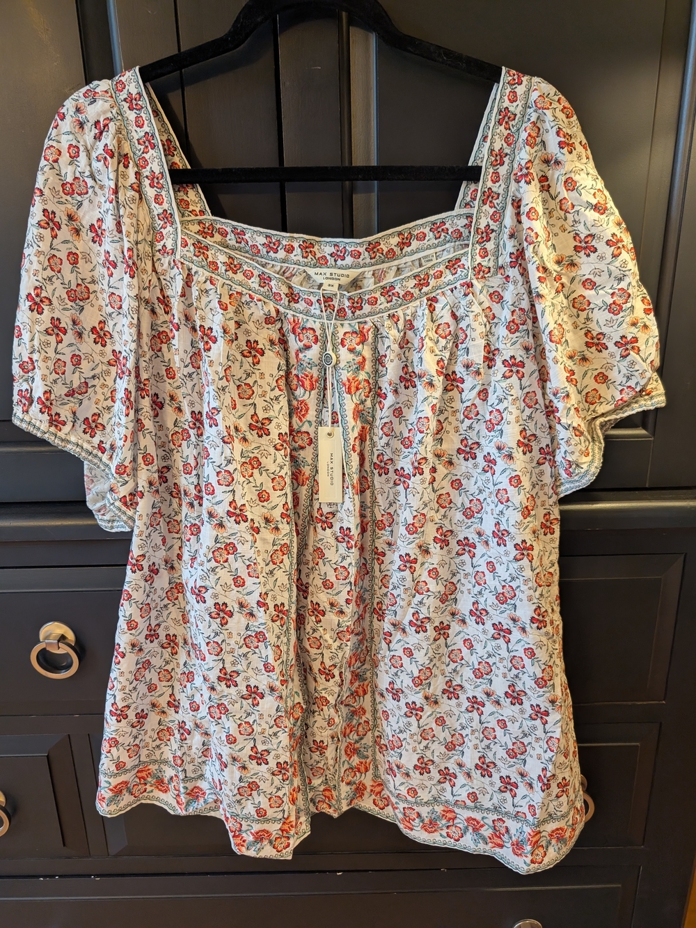 Max Studio Cream Tunic with Red Floral Print